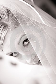 Wedding bride face half hide veil