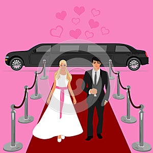 Wedding, bride and groom, limousine, flat design, vector illustration