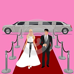 Wedding, bride and groom, white limousine, flat design, vector illustration