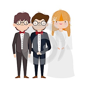 Wedding bride and grooms cartoon characters elegant suits