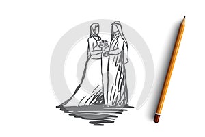 Wedding, bride, together, betrothal, islam concept. Hand drawn isolated vector.