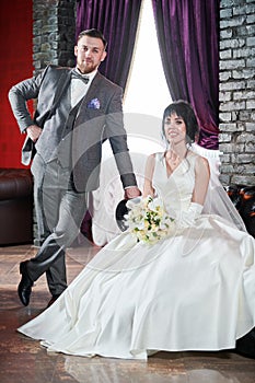 Wedding. bridegroom or fiance portrait with bride