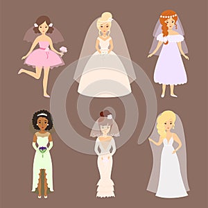 Wedding brides characters vector illustration celebration marriage fashion woman cartoon girl white ceremony dress