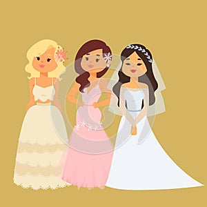 Wedding brides characters vector illustration celebration marriage fashion woman cartoon girl white ceremony marry dress