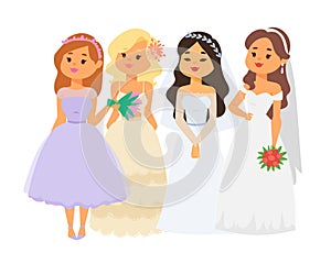 Wedding brides characters vector illustration celebration marriage fashion woman cartoon girl white ceremony marry dress