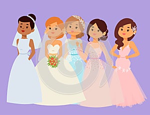 Wedding brides characters vector illustration celebration marriage fashion woman cartoon girl white ceremony marry dress