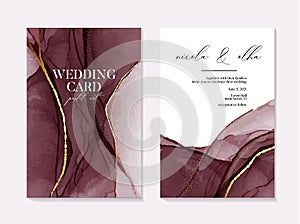 Wedding burgundy watercolor shapes, dark red liquid flow decorated with golden glitter  linee and sparkles, beautiful holiday photo