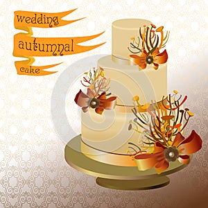 Wedding cake with autumn twigs. Golden, orange yellow design.