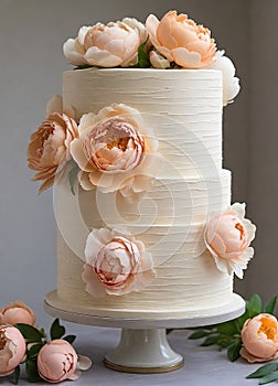 Wedding cake with barely there icing decorated with peach colored peony flowers