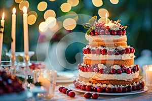 Wedding Cake With Berries and Candles on Table