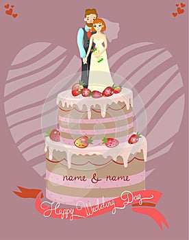 Wedding cake with bride and groom vector illustration, greeting card