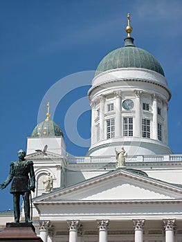 Wedding Cake Cathedral and Emperor Alexander II statue in Senate Square, Helsinki