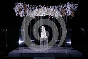 Wedding cake in the center of the scene decorated with brilliants and flowers