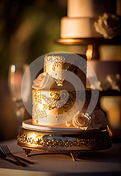 Wedding cake decorated with a beautiful decor of cream. Generative Ai