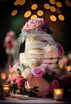 Wedding cake decorated with a beautiful decor of cream.