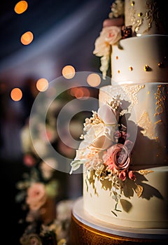 Wedding cake decorated with a beautiful decor of cream.