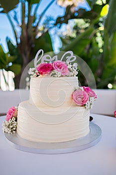 Wedding cake decorated with rose flowers. High quality photo.