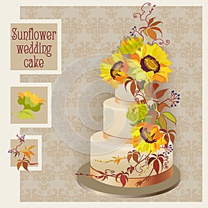 Wedding cake design with sunflower and wild grapevine