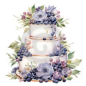 Wedding cake with flowers and berries. Watercolor illustration.