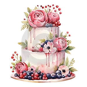 Wedding cake with flowers, leaves and berries. Watercolor illustration.