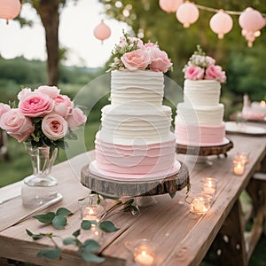 wedding cake with flowers Three tiered wedding cakes with white frosting and pink flowers on a wooden table. Outdoor party