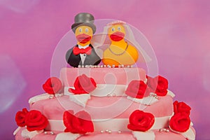 Wedding cake with funny ducks