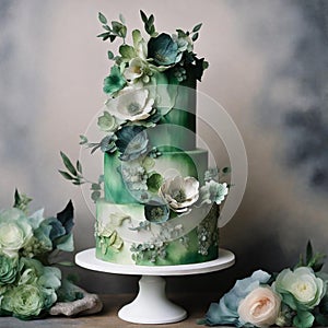 Wedding cake in green colours, with flowers and leaves