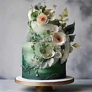 Wedding cake in green colours, with flowers and leaves