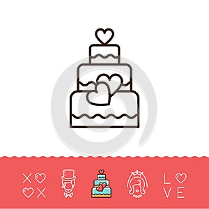 Wedding Cake Icons, Bride and groom, Wedding card, Love text. Line art design, Vector icon
