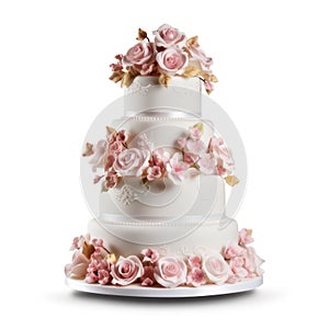 Wedding cake isolated on white created with Generative AI. Big festive cake with lots of decor.