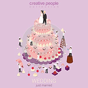 Wedding cake with just married on top and micro people around