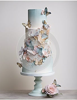 Wedding cake in pastel colours, with flowers, butterflies and leaves