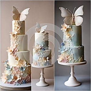 Wedding cake in pastel colours, with flowers, butterflies and leaves