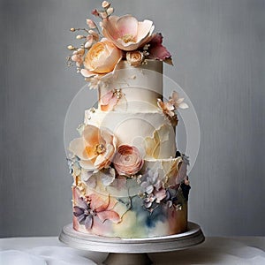 Wedding cake in pastel colours, with flowers and leaves