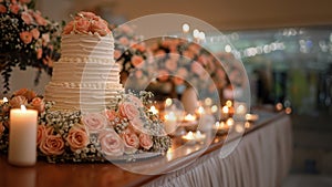 Wedding Cake With Pink Flowers and Candles