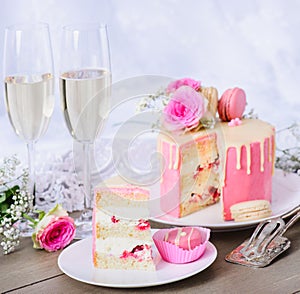 Wedding cake with pink frosting