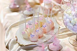 Wedding cake pops in pink and purple