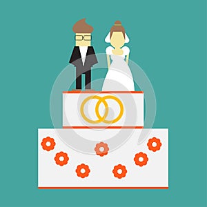 Wedding cake with rings and toppers bride and groom vector greeting card