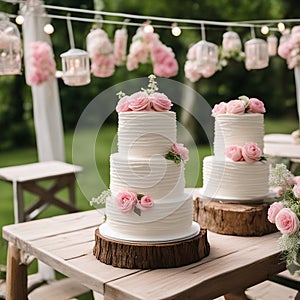 wedding cake with roses Three tiered wedding cake with white frosting and pink flowers on a wooden table. Outdoor party