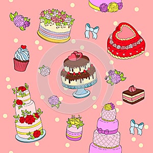 Wedding cake set illustration wed celebration birthday party cake decorations cream dessert with flowers for marriage photo