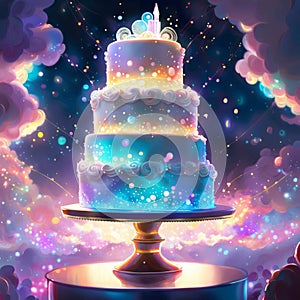 Wedding cake with sparkles, over rainbow sky