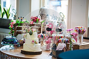 A wedding cake on a table