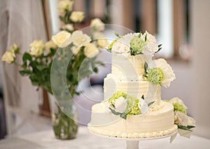 Wedding cake on table in wedding ceremony
