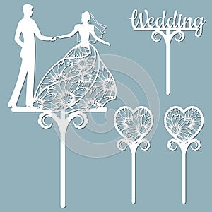 Wedding cake topper for laser or milling cut. Vector graphics. Patterns for cutting. Dance, flowers, dress photo