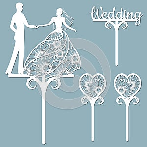 Wedding cake topper for laser or milling cut. Vector graphics. Patterns for cutting. Dance, flowers, dress