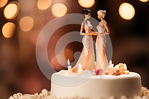 Wedding cake topper with two brides, figurines of a lesbian couple. Gay marriage concept. Lesbian couple wedding day, same-sex gay