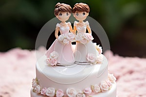 Wedding cake topper with two brides, figurines of a lesbian couple. Gay marriage concept. Lesbian couple wedding day, same-sex gay