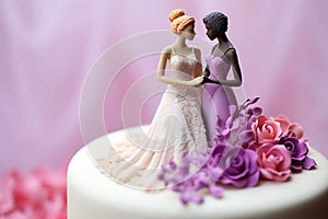 Wedding cake topper with two brides, figurines of a lesbian couple. Gay marriage concept. Lesbian couple wedding day, same-sex gay