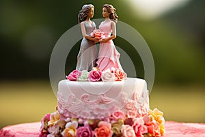 Wedding cake topper with two brides, figurines of a lesbian couple. Gay marriage concept. Lesbian couple wedding day, same-sex gay