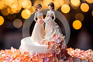 Wedding cake topper with two brides, figurines of a lesbian couple. Gay marriage concept. Lesbian couple wedding day, same-sex gay